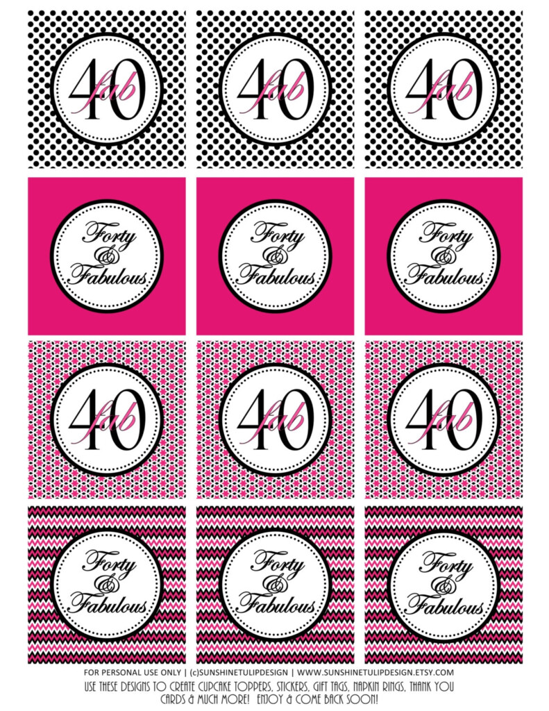 Printable 40th Birthday Cupcake Toppers Pink And Black Forty