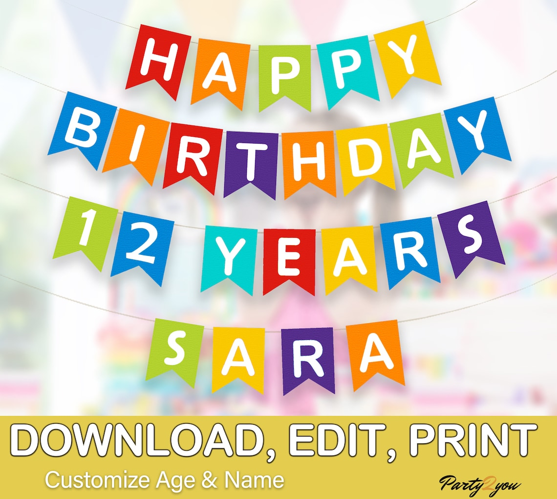 Printable Editable HAPPY BIRTHDAY Banner Template Rainbow Colors For 