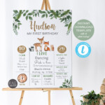 Woodland First Birthday Milestone Poster Editable Template 1st